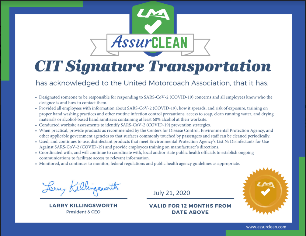 CIT Signature Tansportation AssurCLEAN certificate